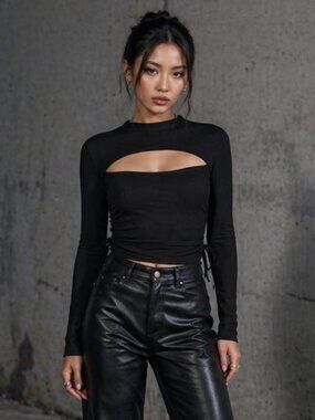 Brooklyn Karma Black Ribbed Cutout Top Long Sleeve Medium